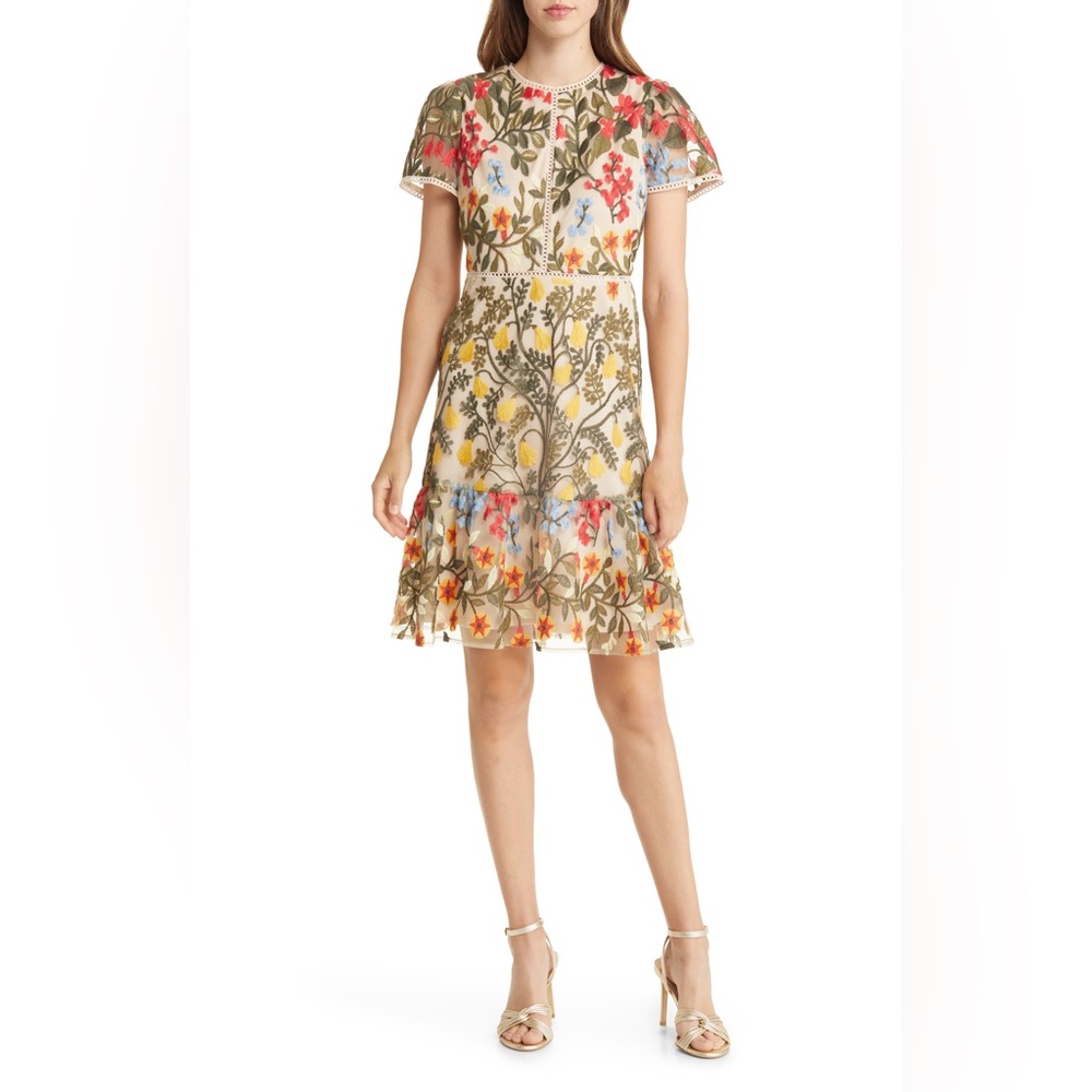 Tahari ASL Embroidered Short Sleeve Dress